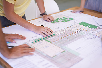 Image showing Architect, hands and team in office with blueprint, planning and project management meeting. Engineering, floor plan and business people together in collaboration for remodeling, upgrade and building