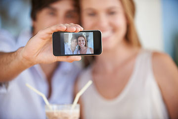 Image showing Ready. Couple, phone screen and photography for blog, date and time or milkshake on valentines day memories. Man, woman and selfie outdoor, capture and moment for weekend getaway and romantic vlog.