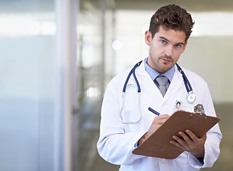 Image showing Portrait, clipboard and doctor in hospital for medical research information for diagnosis or treatment. Checklist, professional and male healthcare worker with documents or notes in medicare clinic.