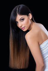 Image showing Hair care, beauty and portrait of woman in studio with salon, healthy or conditioner treatment. Wellness, confident and female person with long, shiny and cosmetic hairstyle by dark black background.