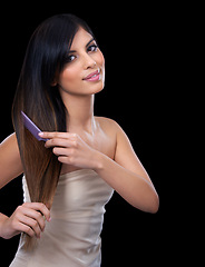 Image showing Woman, portrait and hair or brush with beauty on black background for wellness treatment, transformation or cosmetics. Indian person, model and face for maintenance tool or comb, studio or mock up
