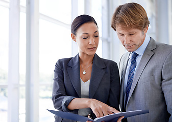 Image showing Report, discussion and woman with man in office, talking about proposal, strategy and advice. Teamwork, collaboration or conversation with review of finance, document or portfolio in London workplace