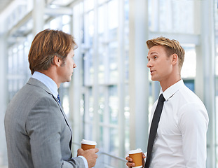 Image showing Men, colleagues and business discussion or coffee in office as law attorneys for collaboration, teamwork or professional. Male people, caffeine and talk for corporate planning, project or networking