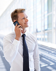 Image showing Thinking, deal or happy businessman on a phone call talking, networking or speaking in office. Smile, mobile communication chat or proud entrepreneur in conversation, discussion or negotiation offer