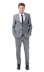 Image showing Professional, white background and portrait of business man with confidence, pride and corporate style for work. Happy, fashion and isolated person smile for career, job and opportunity in studio