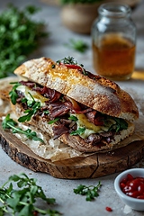 Image showing Gourmet Steak Sandwich on Rustic Wooden Board