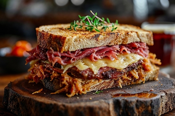 Image showing Gourmet Grilled Cheese Sandwich with Bacon on Wooden Board