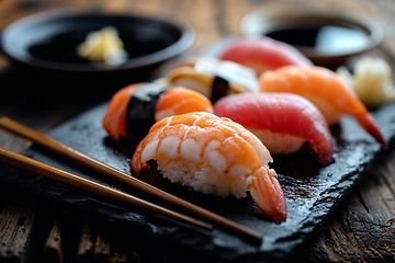 Image showing Traditional Sushi Selection on Rustic Wooden Table