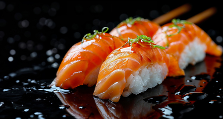 Image showing Fresh Salmon Sushi Close-Up with Chopsticks on Dark Background