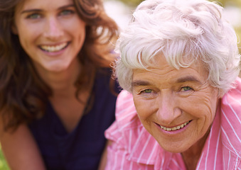 Image showing Senior, mother and woman in happy portrait outdoor to relax in summer, holiday or vacation together. Elderly, mom and family with love and support and smile in retirement with health and wellness