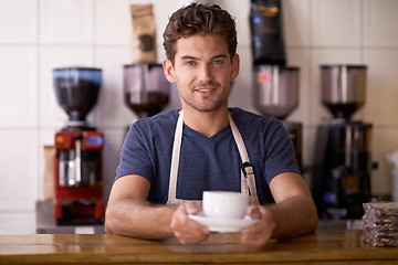 Image showing Man, barista and cup in coffee shop, portrait and working in restaurant or small business. Male person, entrepreneur and caffeine expertise in bistro, confidence and pride in career and hospitality