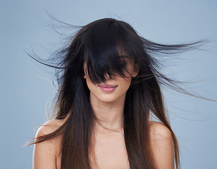 Image showing Studio, model and wind with long hair in eyes, mock up and keratin treatment for shine or salon result. Arab woman, beauty or relax with conditioner for haircare, health or shampoo by blue background