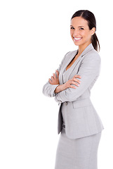 Image showing Portrait, smile and business woman with arms crossed in studio isolated on a white background mockup space. Confidence, professional and happy advisor, entrepreneur and employee with pride in Canada