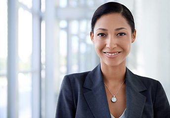 Image showing Portrait of businesswoman, smile or finance career in office for professional, job or corporate company. Face, proud employee or work as financial consultant or happy female attorney in workplace
