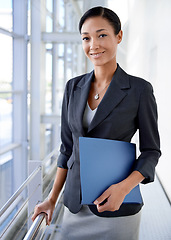 Image showing Office, portfolio or portrait of businesswoman with confidence or report in law firm company. Advocate, attorney or file documents with female lawyer, legal advisor or employee for paperwork audit