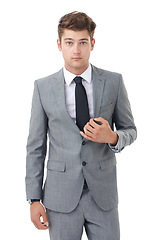 Image showing Studio, portrait and young businessman with fashion suit for confident professional by white background. Lawyer, positive and face with pride in law career and corporate style for workplace in mockup