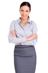 Image showing Businesswoman, portrait and smile with confidence as lawyer or professional, corporate or white background, Female person, face and arms crossed or mockup in studio for Canada, law firm or startup
