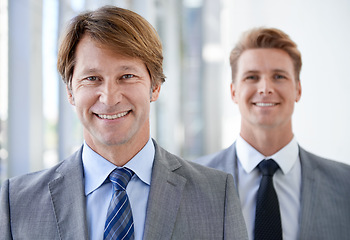 Image showing Happy, team or portrait of business people with confidence, suit or employee in a corporate company. Boss, attorney or proud manager with leadership, lawyers or worker in office with legal advisor