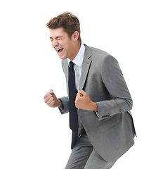 Image showing Businessman, fist pump and success in studio with celebration deal and growth in company shares. Happy lawyer, professional and scream for job achievement, promotion and winner by white background