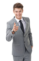 Image showing Portrait, smile and pointing at you with businessman in studio isolated on white background for interview or opportunity. Vote, decision and confident employee in suit for human resources recruitment