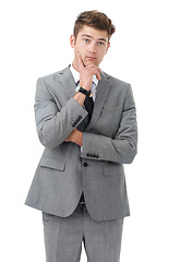 Image showing Studio, planning or young businessman with thinking of project or professional lawyer by white background. Auditor, thought and mockup for commercial law and idea for company case or problem solving