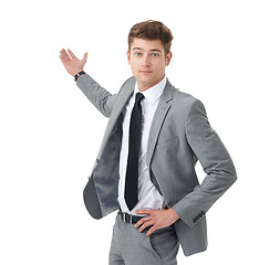 Image showing Studio, portrait and business man with offer with advice for vote, choice or career decision. Announcement, opportunity or promotion with professional businessman showing space on white background.