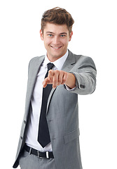 Image showing Studio, portrait and businessman with hands pointing, decision and mock up for recruitment by white background. Manager, face and human resources with hiring or onboarding and invitation or job offer