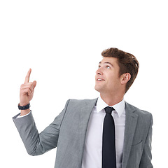 Image showing Studio, business and man in presentation pointing up at mockup for growth advice, choice or decision. Announcement, job opportunity or promotion offer, businessman showing space and white background