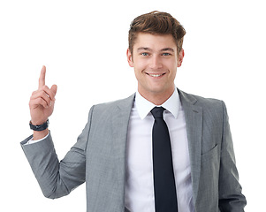 Image showing Studio, business and man in portrait pointing up at growth, profit or sales increase with deal offer. Announcement, opportunity or promotion with happy businessman showing space on white background
