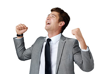 Image showing Smile, success and winner with business man in studio isolated on white background for celebration. Corporate, wow and professional with happy young employee cheering for bonus or promotion in suit