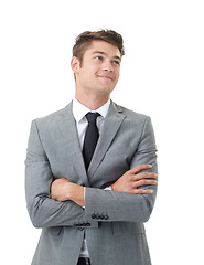 Image showing Studio, thinking and businessman with idea, arms crossed and inspiration at law firm with smile. Attorney, lawyer or happy man with reflection, confidence and insight for planning on white background