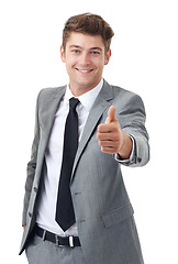 Image showing Portrait, smile and thumbs up with business man in studio isolated on white background for success. Thank you, winner or support and happy young employee with emoji hand gesture for motivation