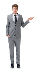 Image showing Studio, portrait and confused businessman in presentation offer for opinion, choice or decision. Announcement, opportunity or business promotion with man showing mockup space on white background.