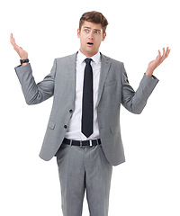 Image showing Studio, portrait and businessman for confused or question and company decision by white background. Entrepreneur, doubt or face for choice in start up, frustrated or problem solving in small business