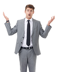 Image showing Studio, portrait or businessman confused for choice or company decision by white background. Entrepreneur, doubt or face for question in start up, frustrated or problem solving in small business