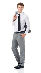 Image showing Studio, portrait or young businessman with smile in fashion suit or professional attorney by white background. Lawyer, positive and face with pride for law career and corporate style jacket in mockup