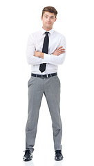 Image showing Studio, portrait and businessman for positive with arms crossed and ambition in career by white background. Professional, entrepreneur and confident face in mock up, and mission in small business