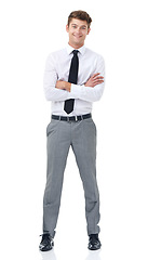 Image showing Studio, portrait and young businessman with arms crossed for confident professional by white background. Lawyer, positive and face with pride in law career and corporate fashion for work in mockup