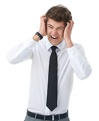 Image showing Studio, angry and young businessman for frustrated in mockup and office worker with stress in job. Attorney, migraine and crazy with law career or burnout, noise and mental health by white background
