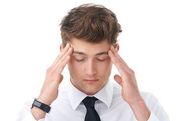Image showing Businessman, hands and temple headache or pain in studio as corporate lawyer or burnout, fatigue or migraine. Male person, stress and brain fog or white background for overtime, vertigo or mockup