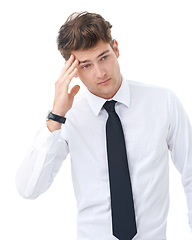 Image showing Studio, headache and young businessman frustrated on mockup and professional with migraine. Attorney, mistake or fatigue with burnout for law career, work or legal case fail by white background