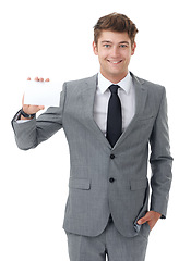 Image showing Portrait, business and man with a poster, smile and consultant isolated on a white studio background. Face, promotion or model with blank card and mockup space with feedback, option and announcement