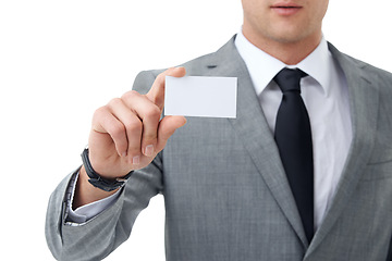 Image showing Studio, hand and man with blank business card for information, identity and opportunity for networking. Contact, introduction and businessman holding board fo paper, space and personal details.