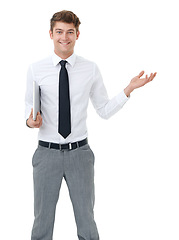 Image showing Studio, presentation and portrait of businessman with laptop, smile and mockup for online offer. Announcement, opportunity or promotion with man showing space for technology, deal or white background
