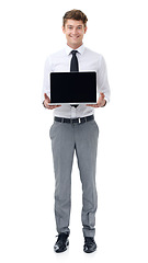 Image showing Portrait, smile and laptop with business man in studio isolated on white background for information. Computer, technology and display with happy young IT professional for maintenance or repair