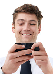 Image showing Employee, playing and video games with phone in studio of white background of backdrop in office. Man, happy and using mobile for fun in workplace or corporate company, internet and technology