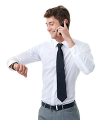 Image showing Phone call, time and smile with business man in studio isolated on white background for appointment. Mobile, contact and happy young employee checking watch for communication or networking schedule