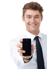 Image showing Businessman, portrait and presentation of phone in studio with smile in backdrop of white background. Man, excited and showing app for company with mobile screen for technology in professional work