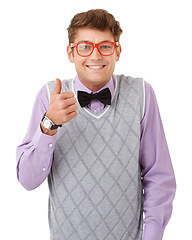 Image showing Portrait, thumbs up and glasses with nerd man in studio isolated on white background for agreement. Smile, yes or like with happy and confident young geek in eyewear for success, support or thank you