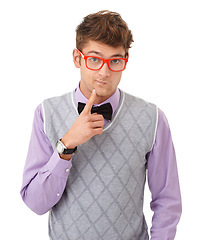 Image showing Studio, geek and retro portrait of man with doubt, glasses and thinking with vision. Eyewear, nerd fashion and person isolated on white background with ideas, decision or choice for eye care frame